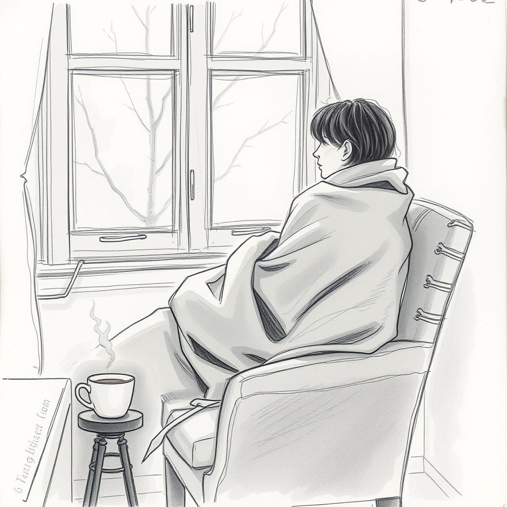 Contemplative Figure by Window in Pencil and Charcoal Style
