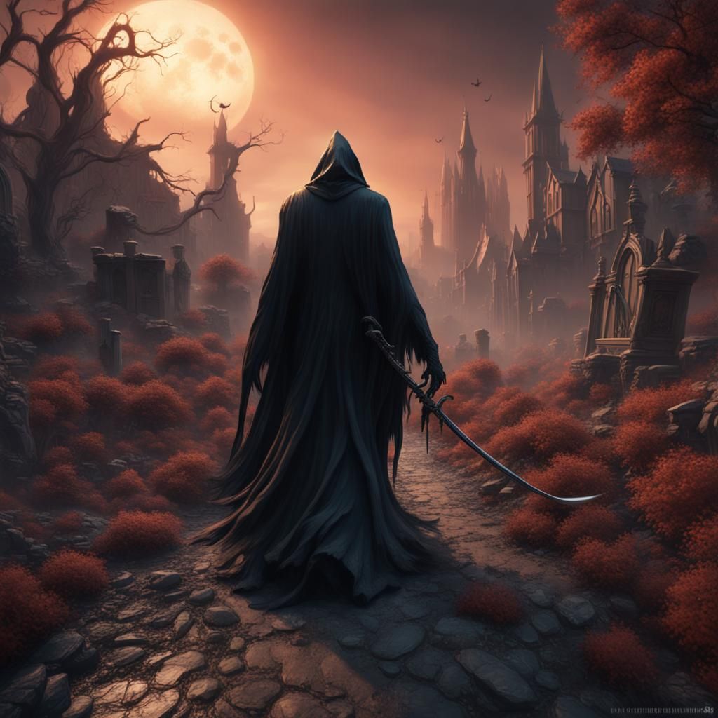 Grim Reaper Walking Between Worlds: Detailed Matte Painting