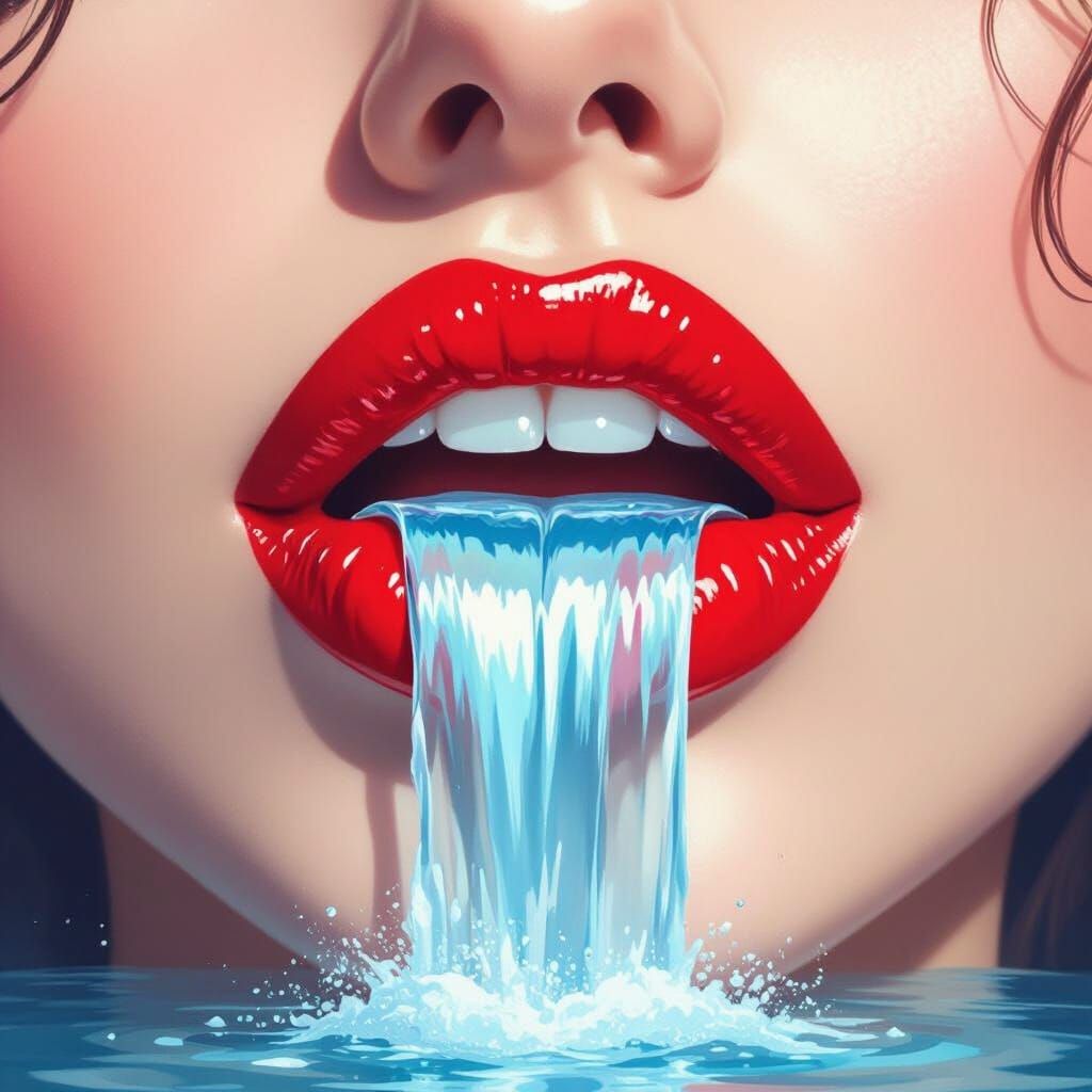 Waterfall Cascading from Woman's Red Lips: Digital Art