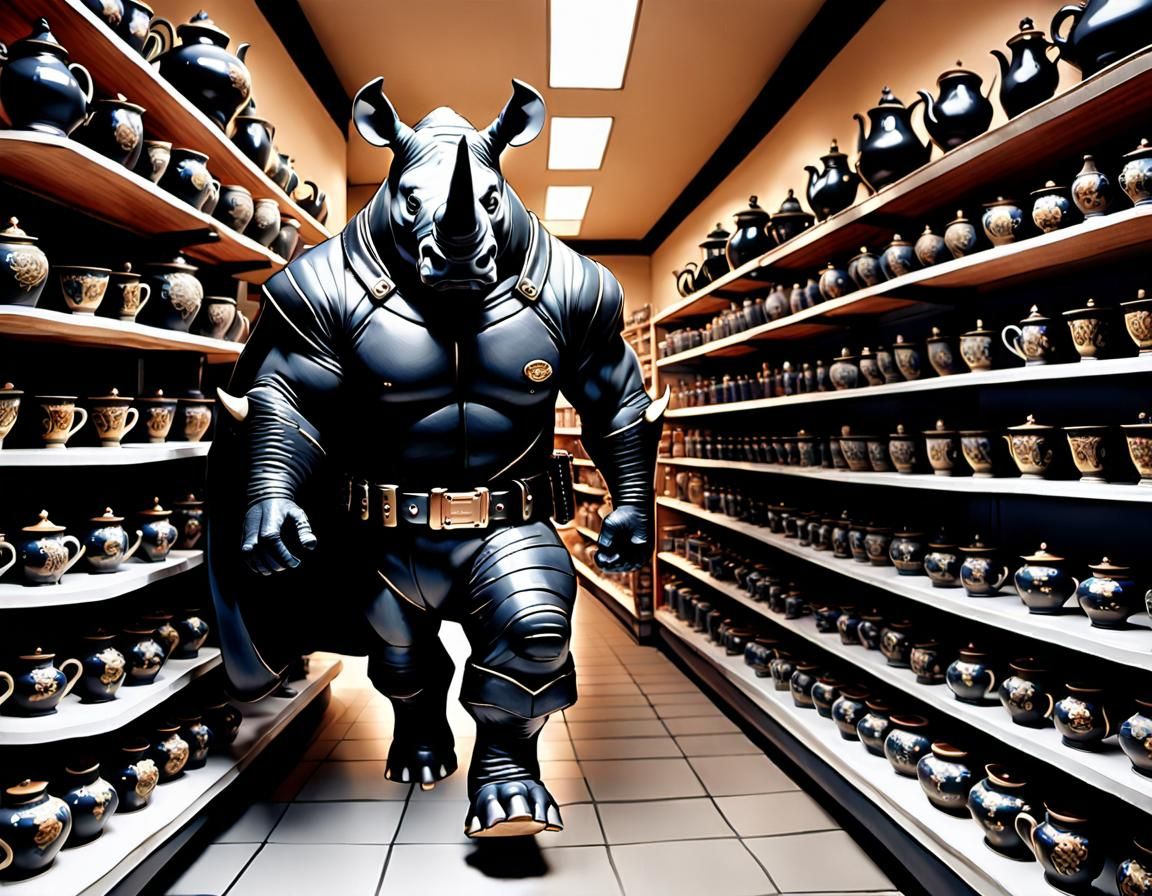 Rhino Superhero Running Through China Shop