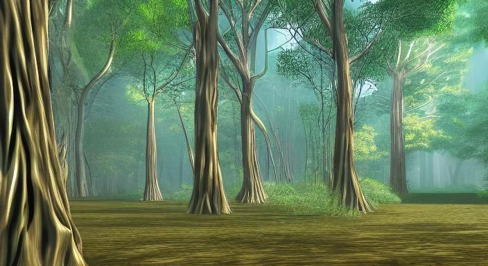 Ethereal Forest Glade at Dusk with Silver Structures