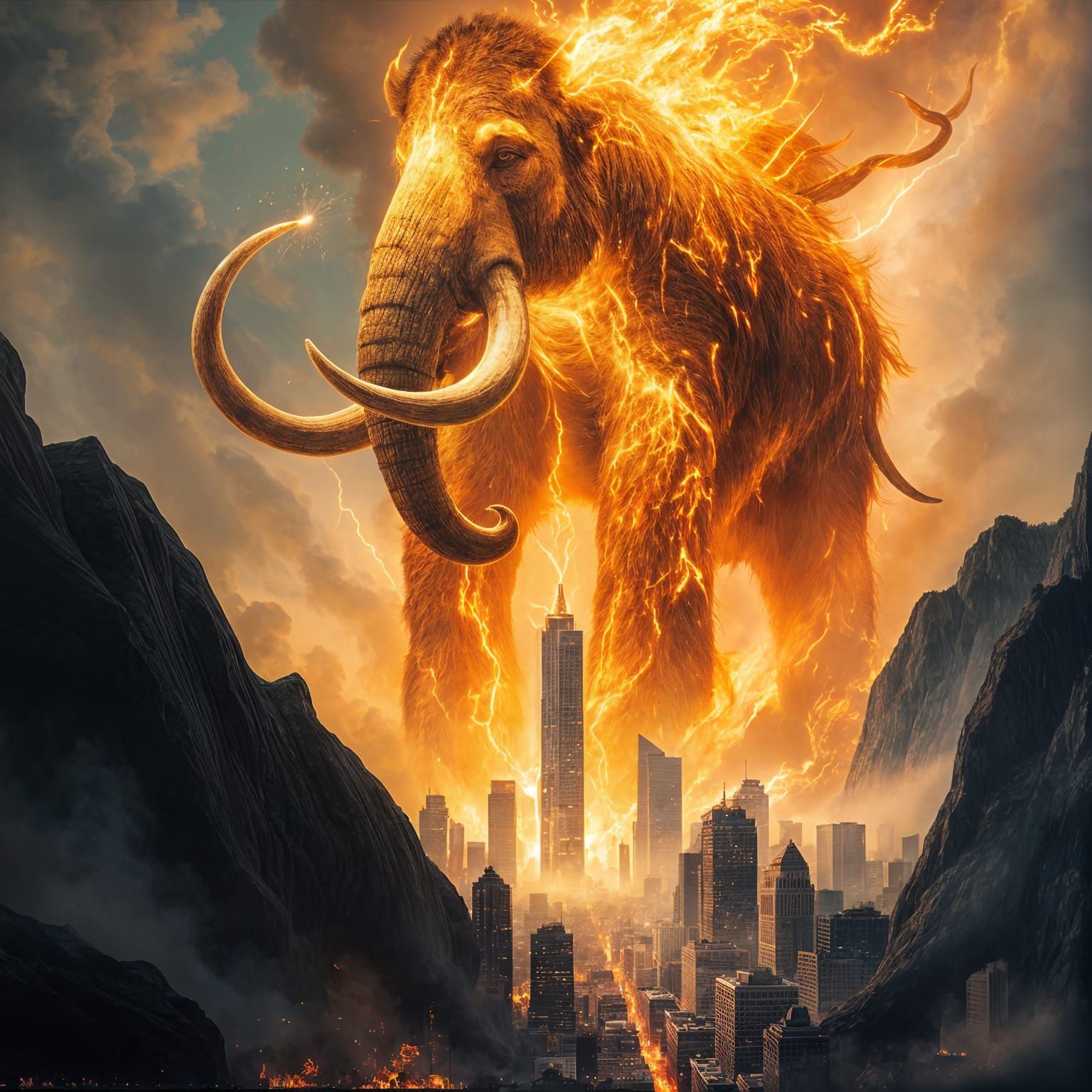 Burning Mammoth Conquers a Dark Cityscape in Fiery Glory