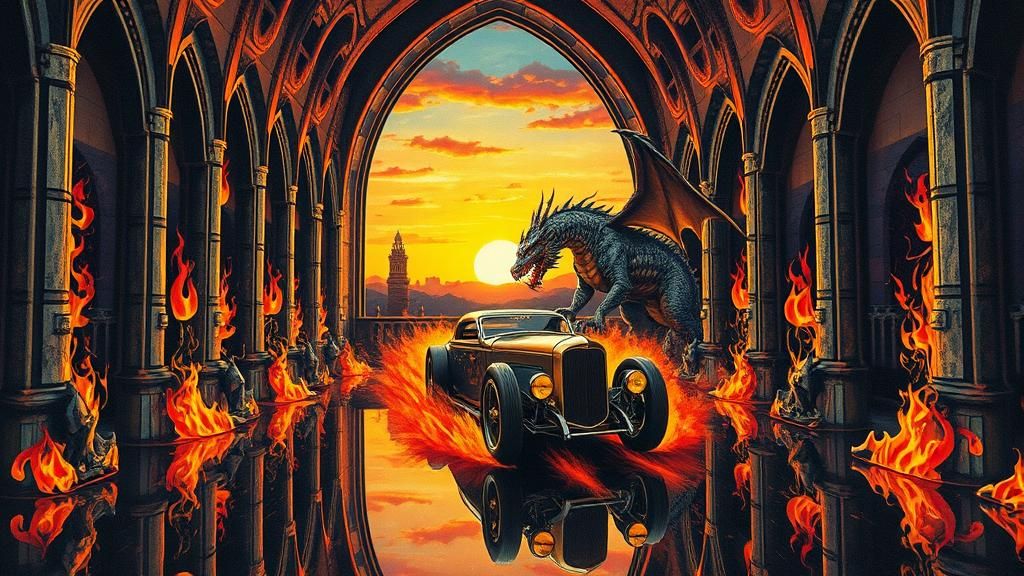 Fiery Dragon Races Through Mirrored Cathedral, Surreal Art