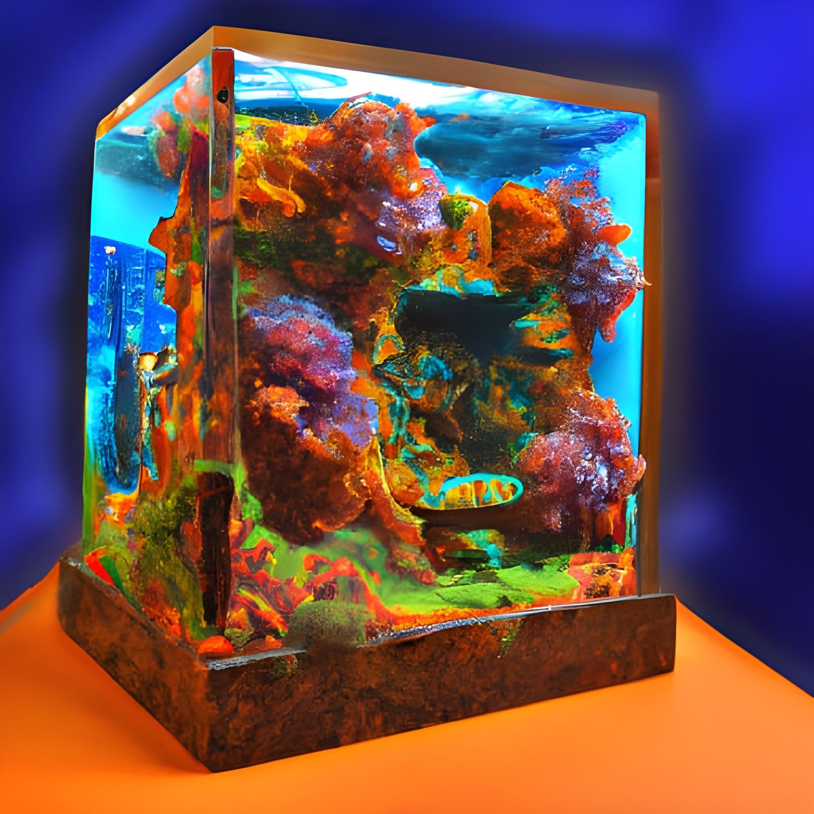 Intricate 3D Resin Aquarium Cube: Hyperdetailed Render