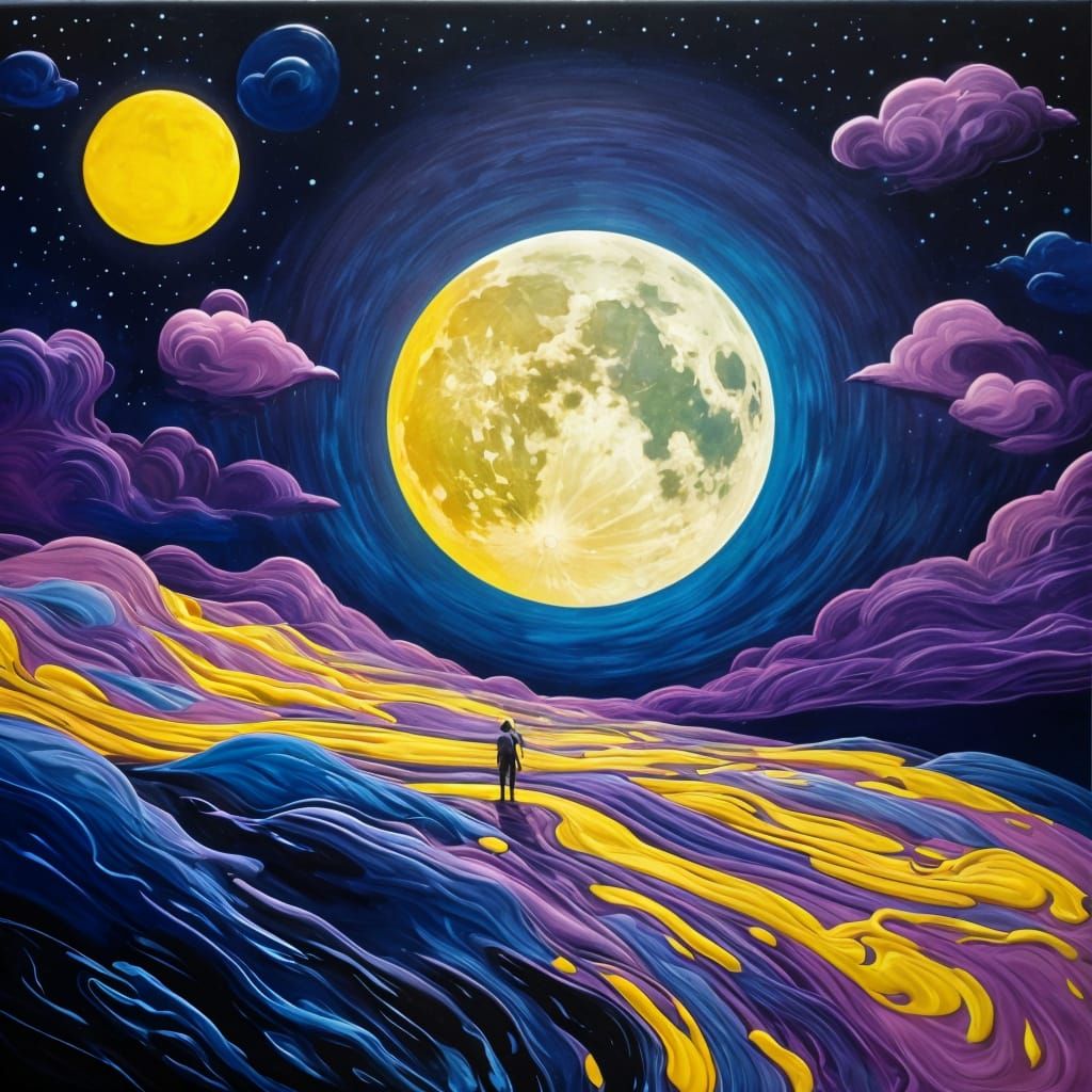 Cosmic Dreamscape: Embossed Moonrise in Surreal Landscape