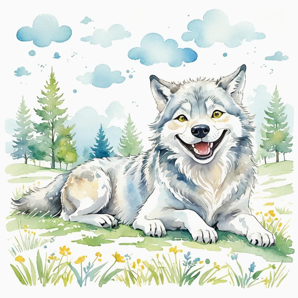 Happy Wolf in Meadow: Whimsical Watercolor Illustration