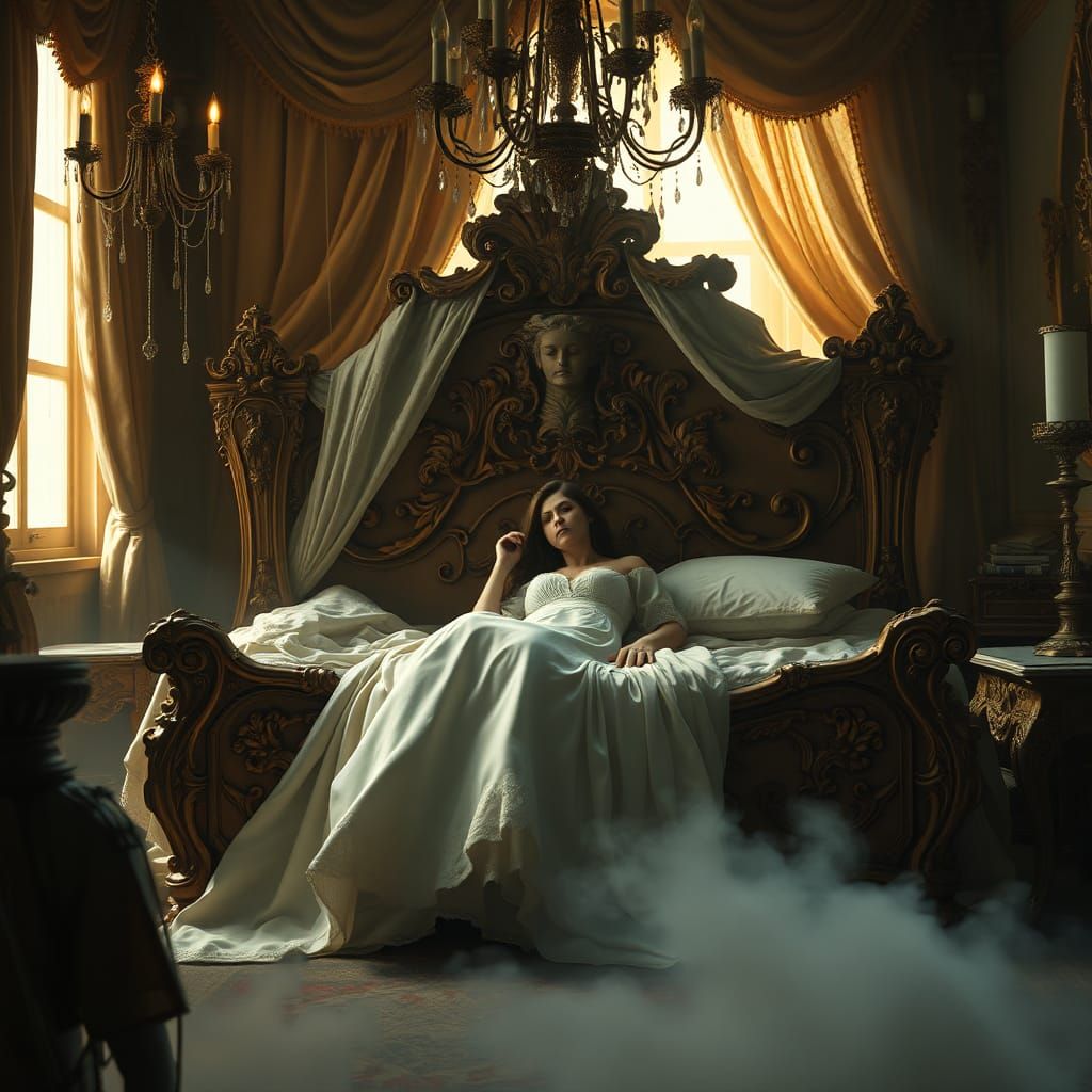 Mourning Woman in Baroque Bedroom, Fantasy Concept Art