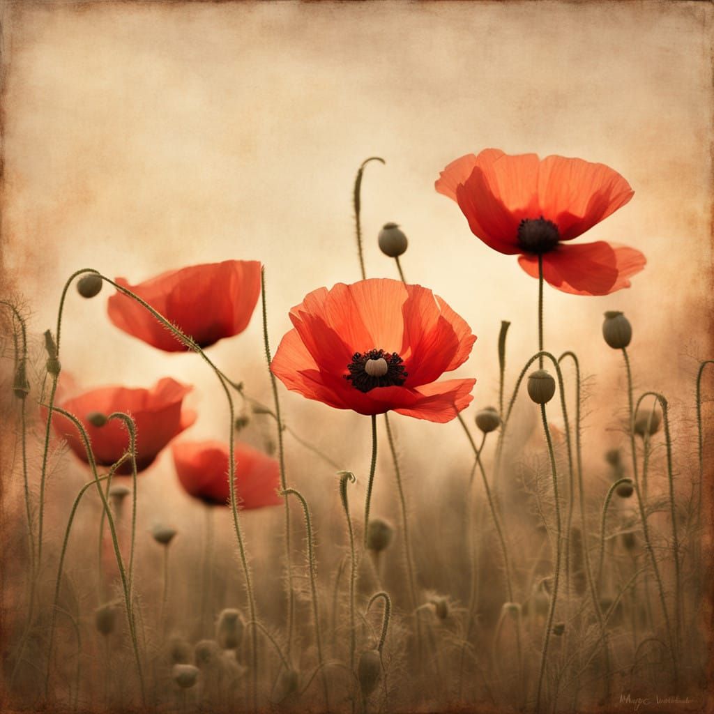 red poppies  in the soft red copper sunset