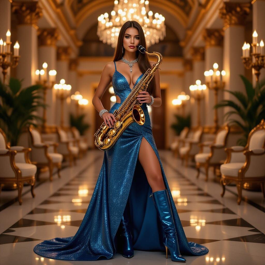 Woman in Glitter Dress Playing Saxophone in Golden Hall