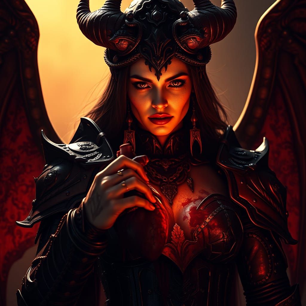 Demon Goddess with Heart in Gothic Horror Style