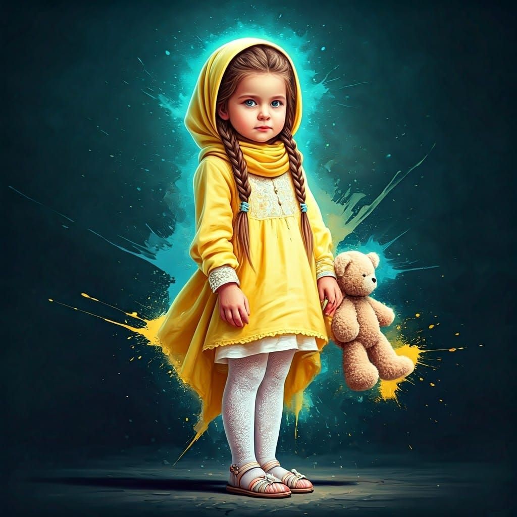 Little Girl in Yellow Sarafan with Braided Braids and Teddy ...