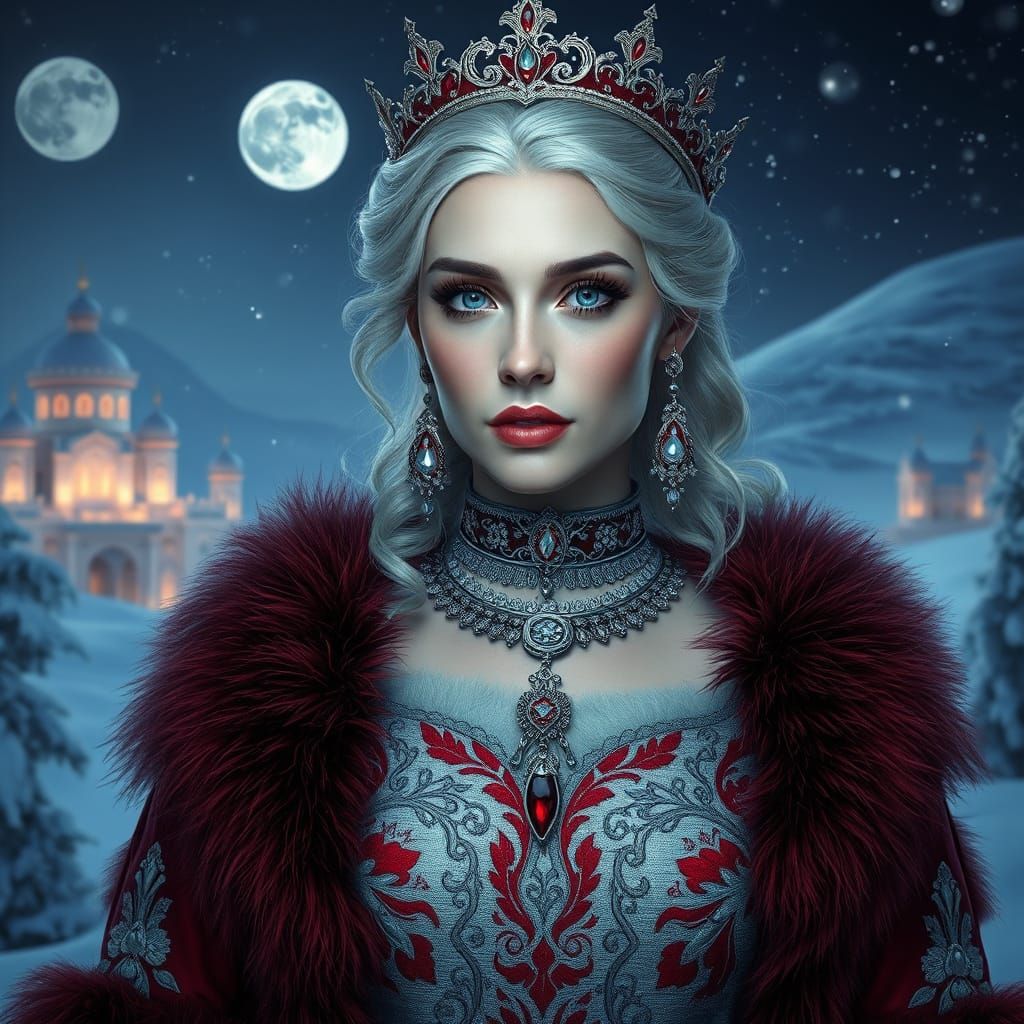 Regal Woman in Lavish Winter Fantasy, Ethereal Lighting