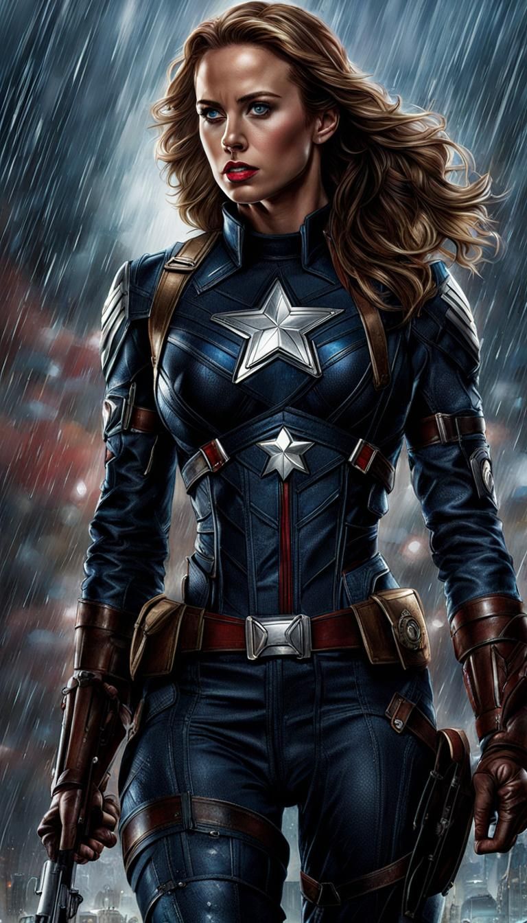 Female Captain America in Rain, UHD HDR