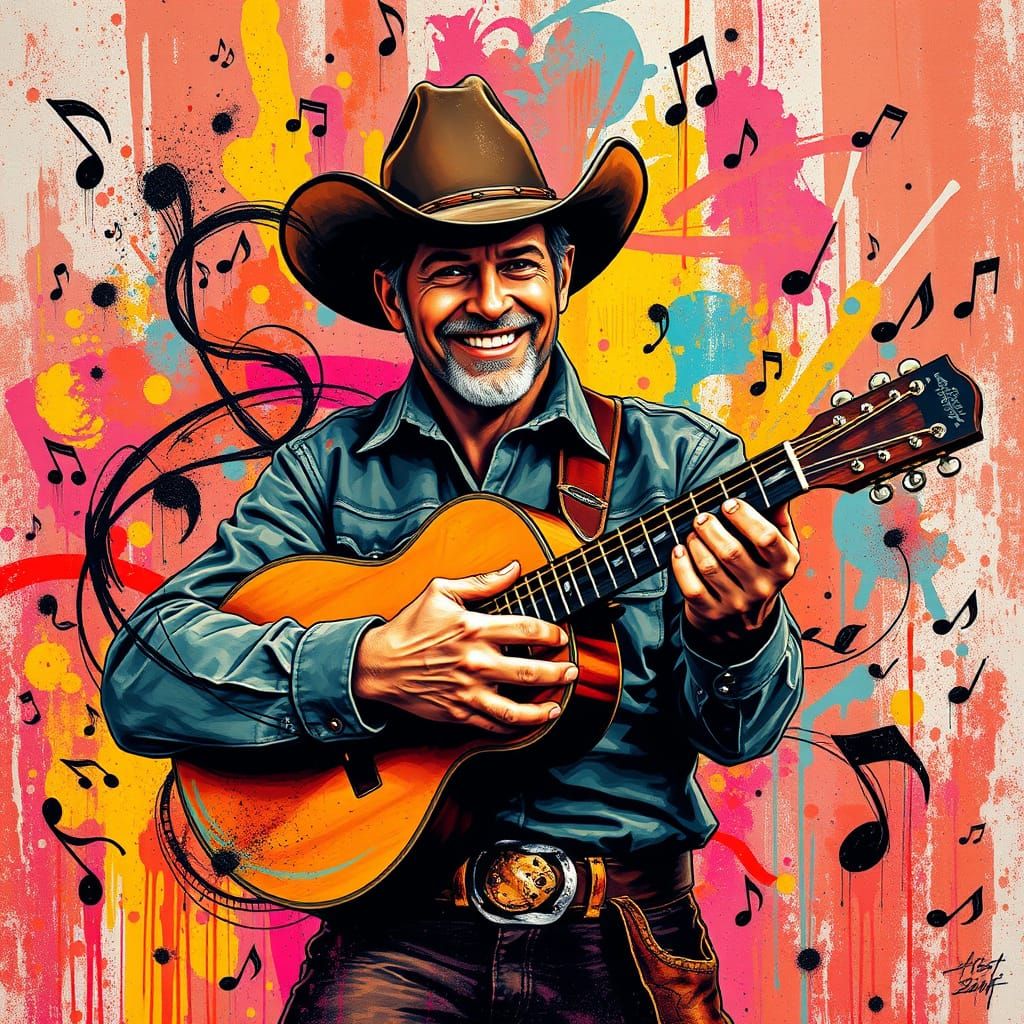 Vibrant Cowboy Musician in Eclectic Street Art Style