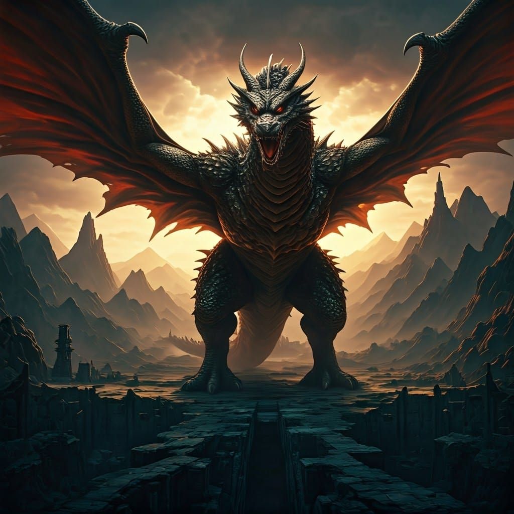 Majestic King Ghidorah in a Realm of Ancient Ruins