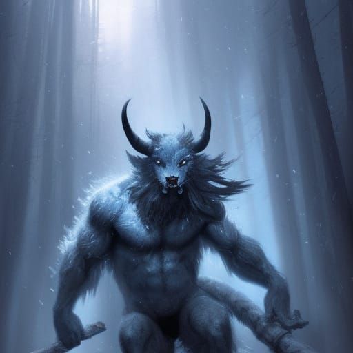 Blue Wolf Satyr God of Frost in Dark Fantasy Style