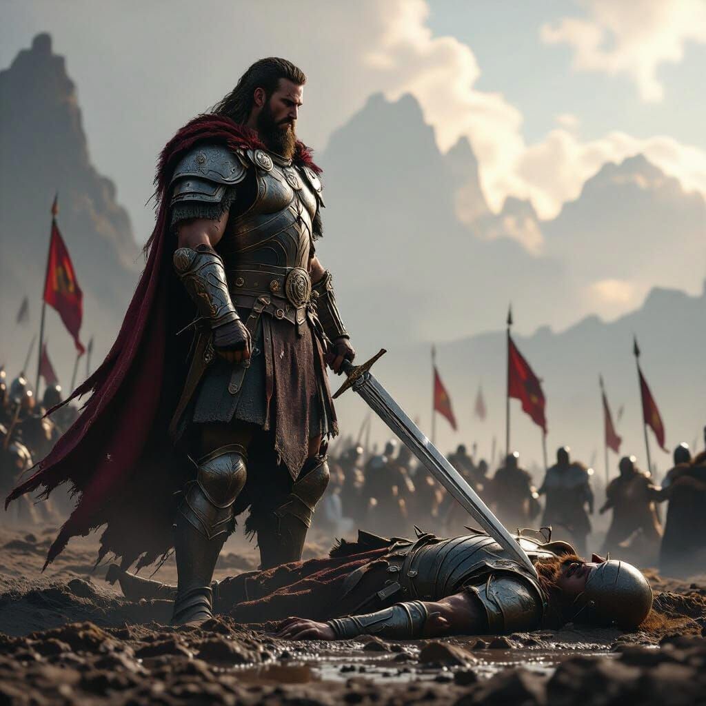 Celtic Warrior's Battlefield Victory in Dark Fantasy Style