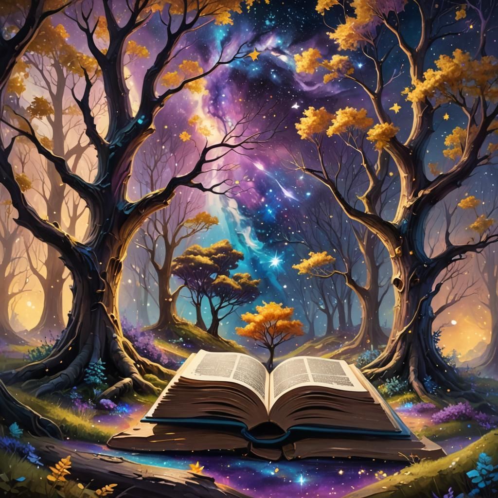 Galactic Trees Grow From Book, Oil Painting