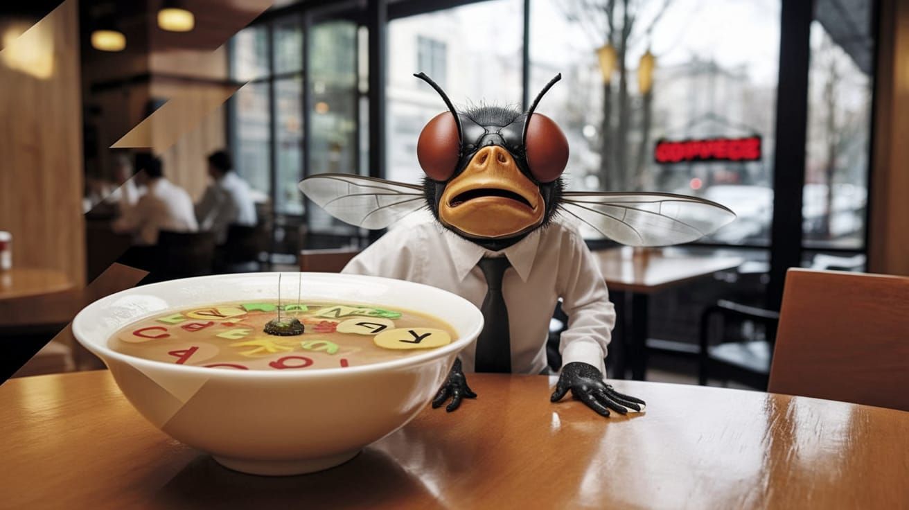 Dapper Housefly in Disgust over Alphabet Soup