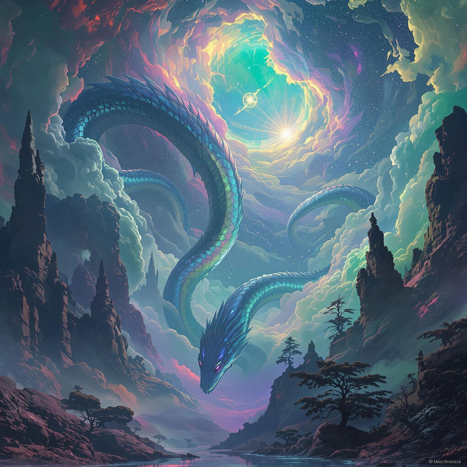 Ethereal Serpentine Creature in Surreal Landscape