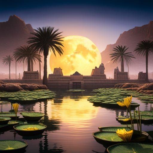 Full Moon Over Egyptian Water Lilies: Matte Painting