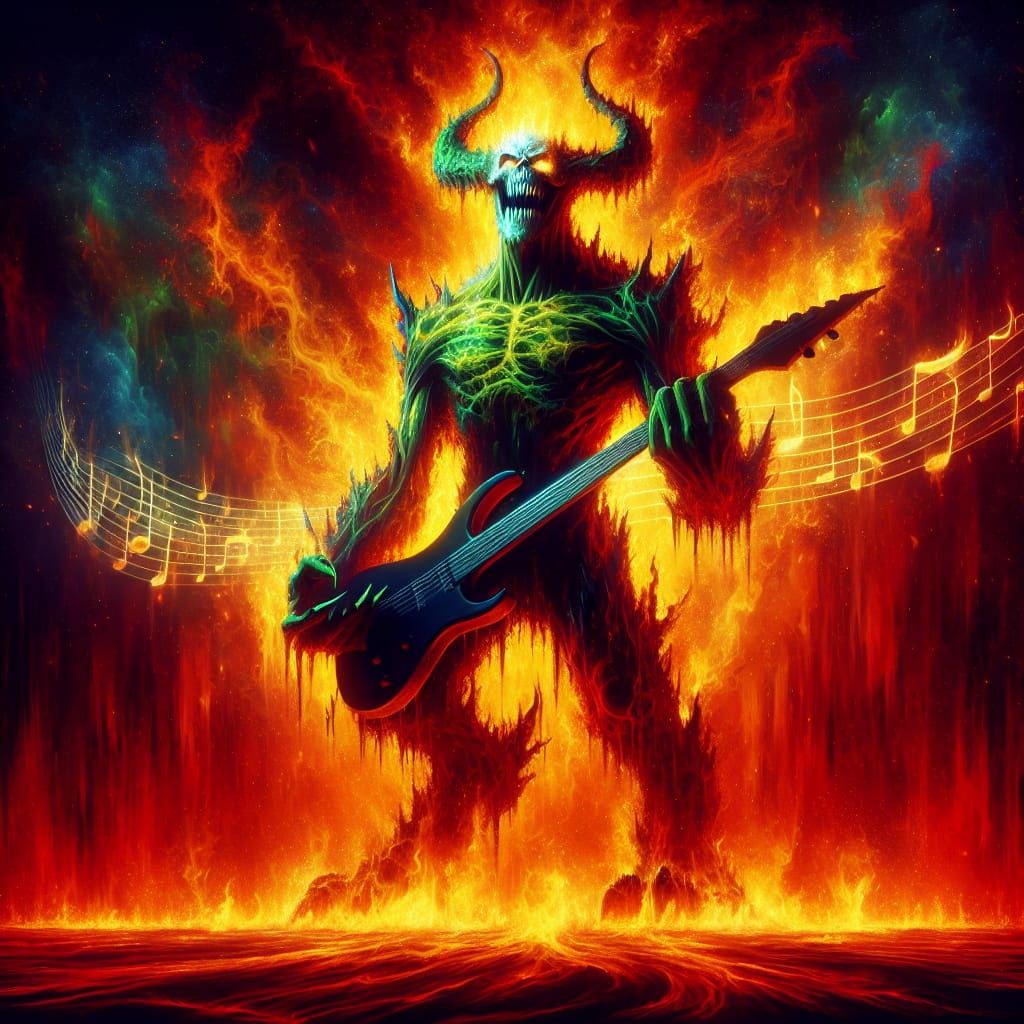 Menacing Green Demon Playing Guitar in Flames