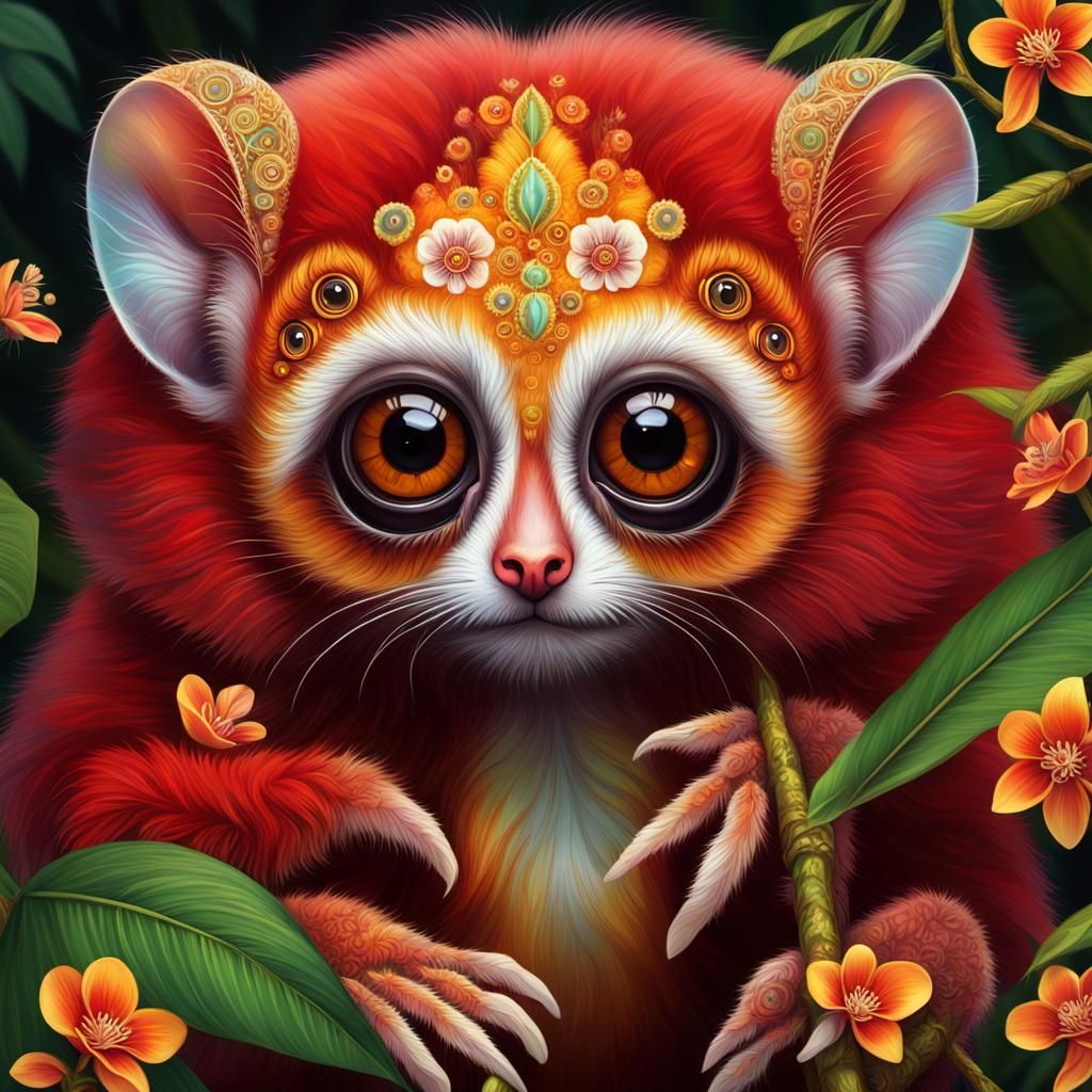 Cute Red Slender Loris in a Surreal Rainforest