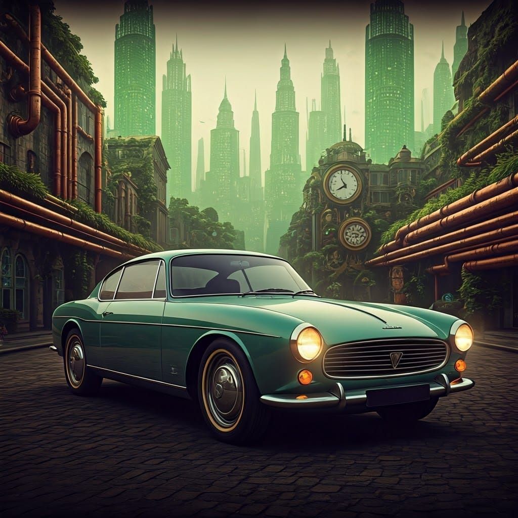 Retrofuturistic Peugeot in Steampunk Eco-City Panorama