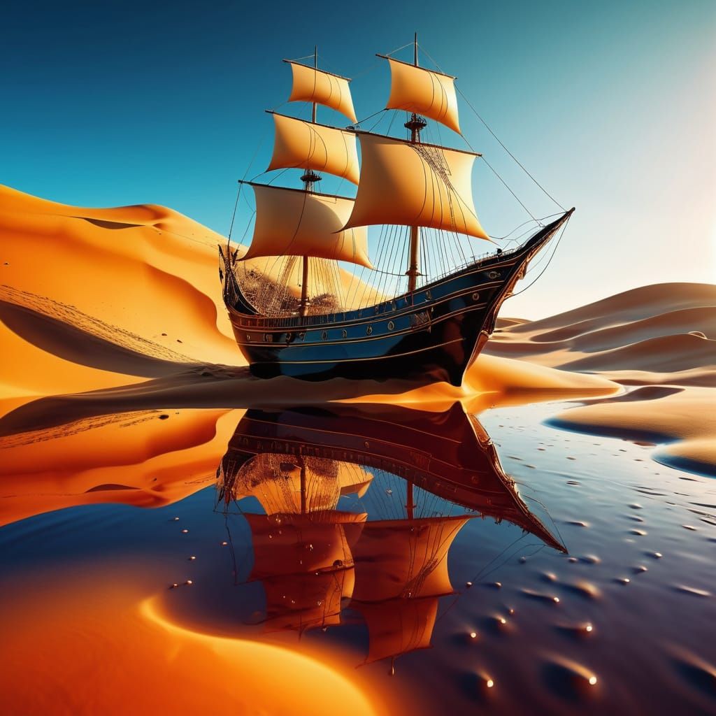 Surreal Desert Oasis with Melting Shapes and Vibrant Colors