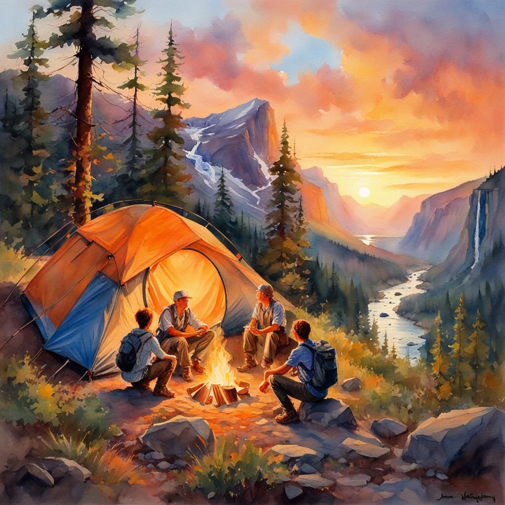 Family Camping in Mountains: Watercolor Sunset Scene