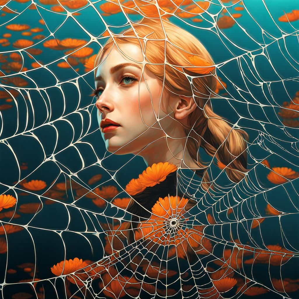 Girl Reflected with Spider Web in Art Nouveau Style