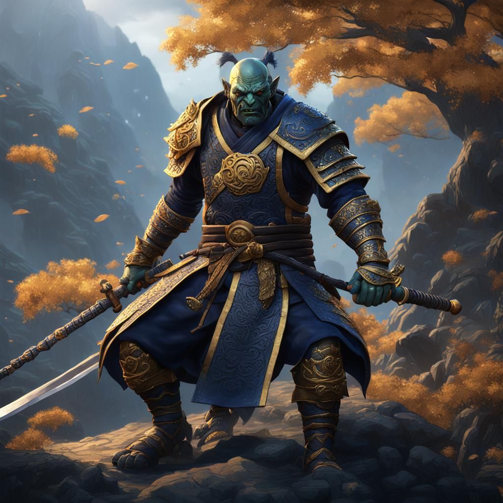 Half-Orc Samurai in Classical D&D Style