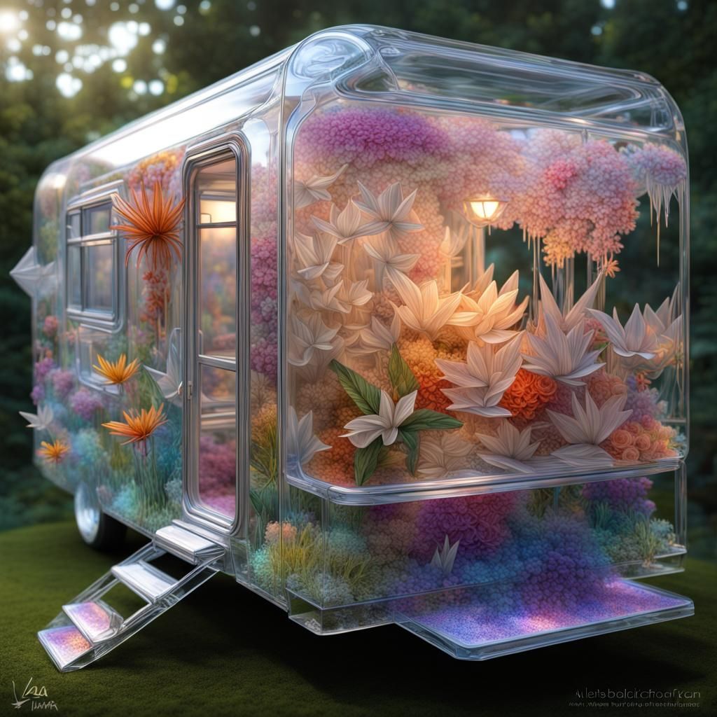 Transparent Glass Camper with Origami, Hyperrealistic Render