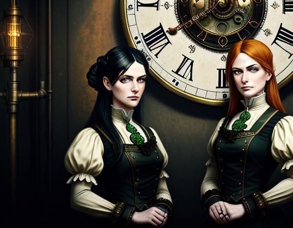 Steampunk Twins in Time Machine: 8k Concept Art
