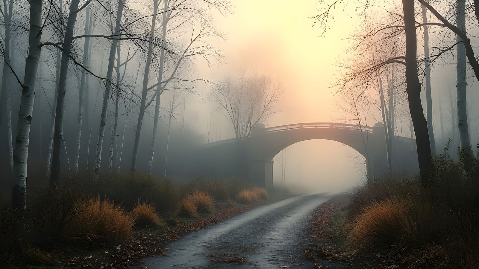 Serene Birch Forest Landscape with Fog and Light
