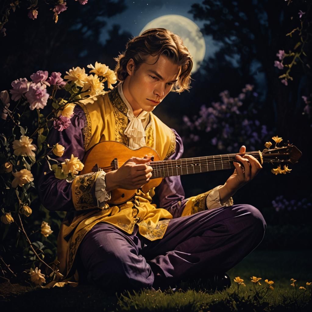 Baroque Portrait of Man in Moonlit Garden