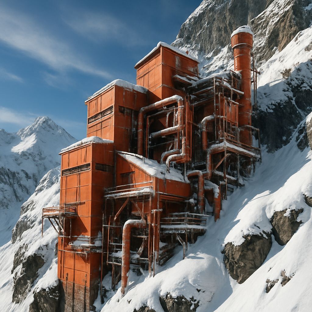 Industrial Facility Against Snowy Mountain Landscape