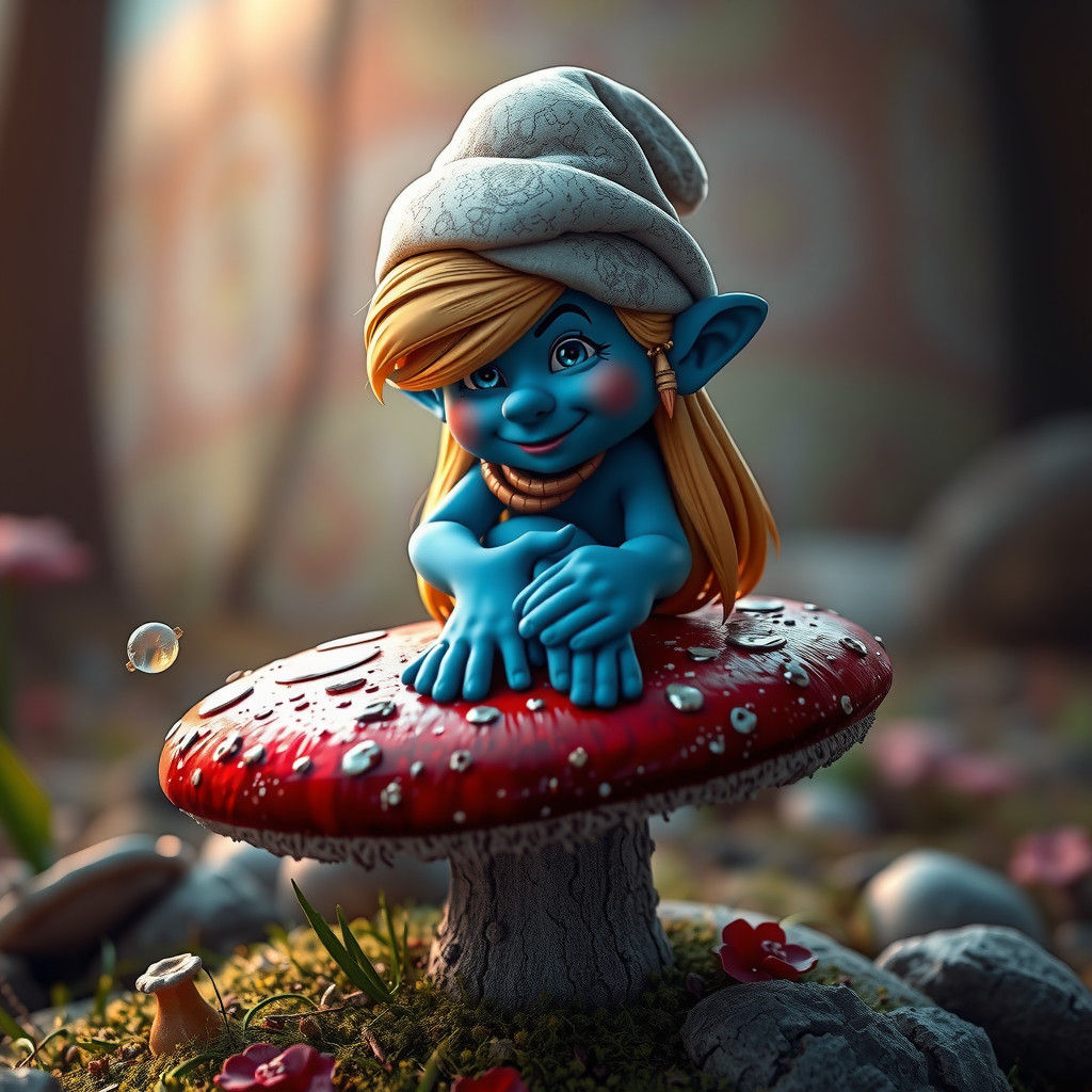 Shirtless Smurfette on a Mushroom in Detailed Matte Painting