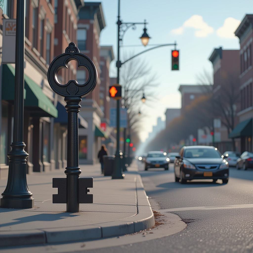 Giant Key Waits for Green Light on City Street