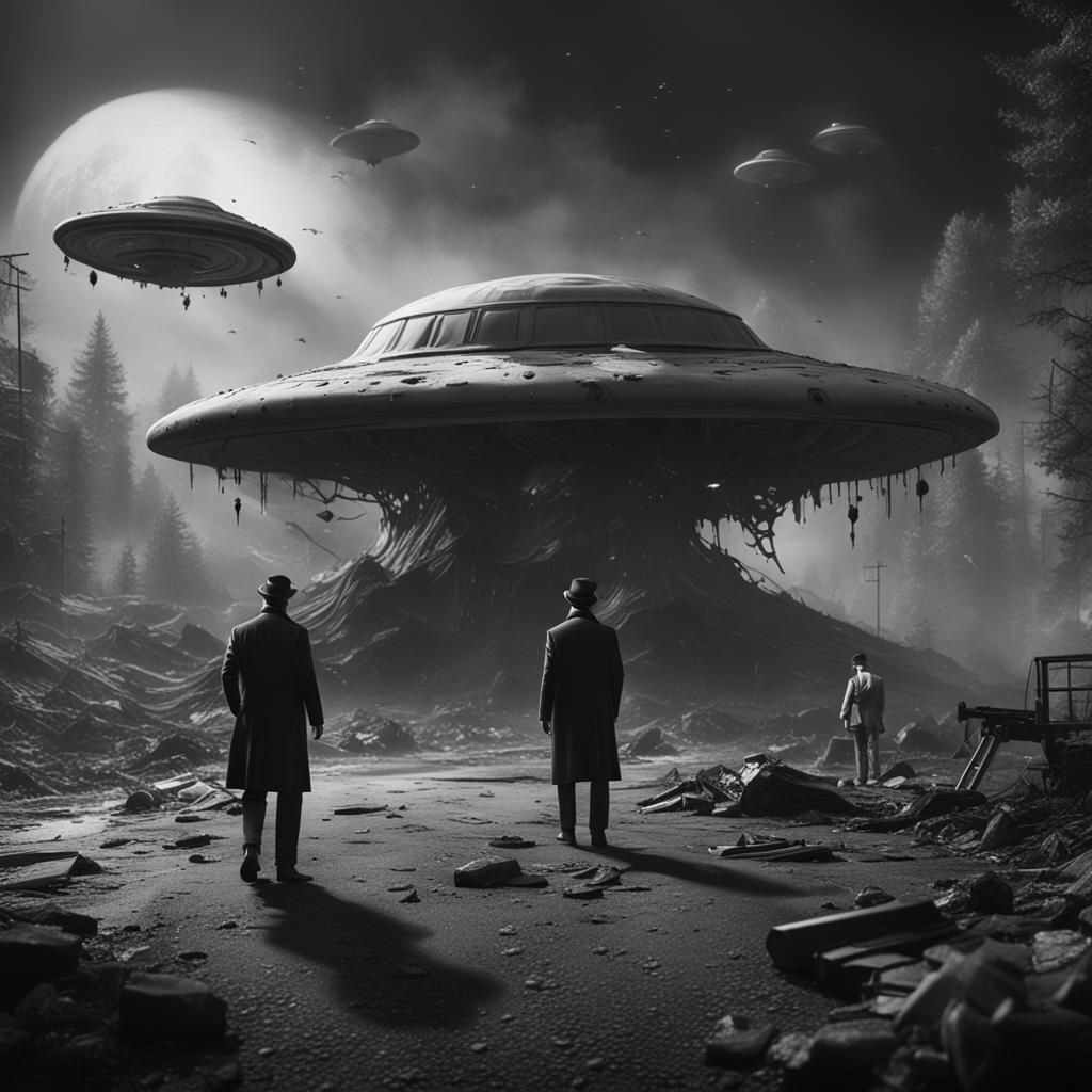 Noir Detectives Investigate UFO Crash Scene in Black and Whi...