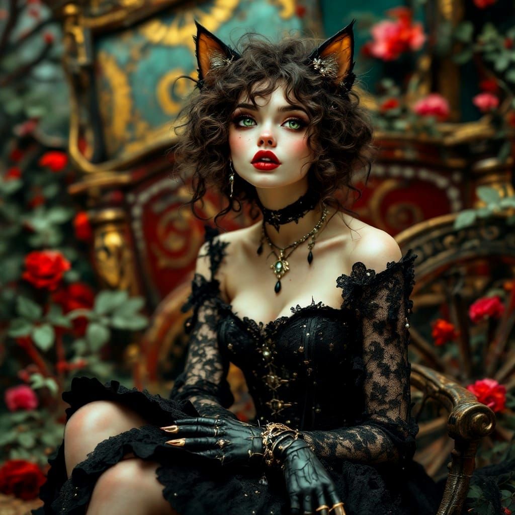 Elegant Gothic Feline Beauty in Vibrant Baroque Style