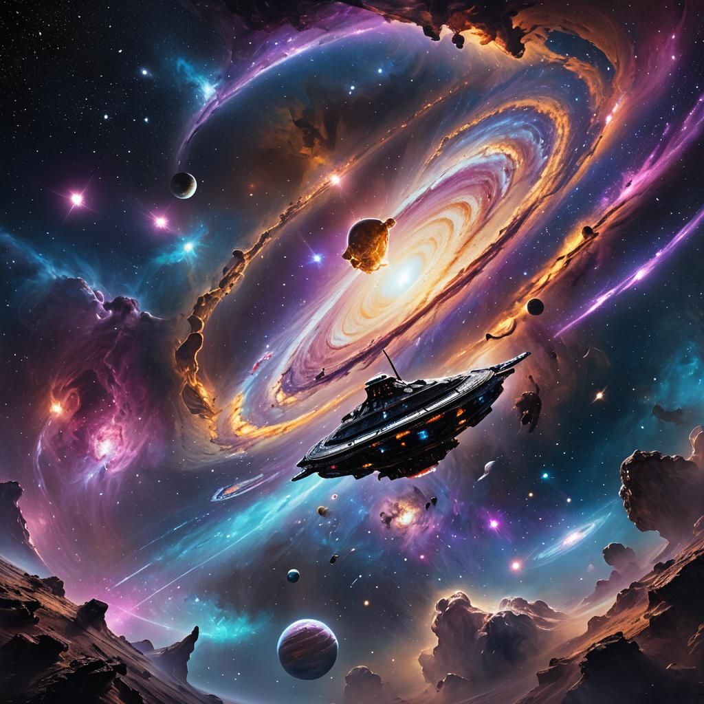 Spaceship Approaches Andromeda Galaxy as Oil Painting