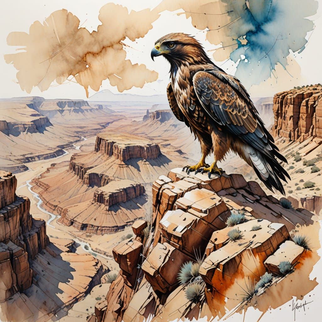 Desert Canyon with Hawk in Watercolour Style