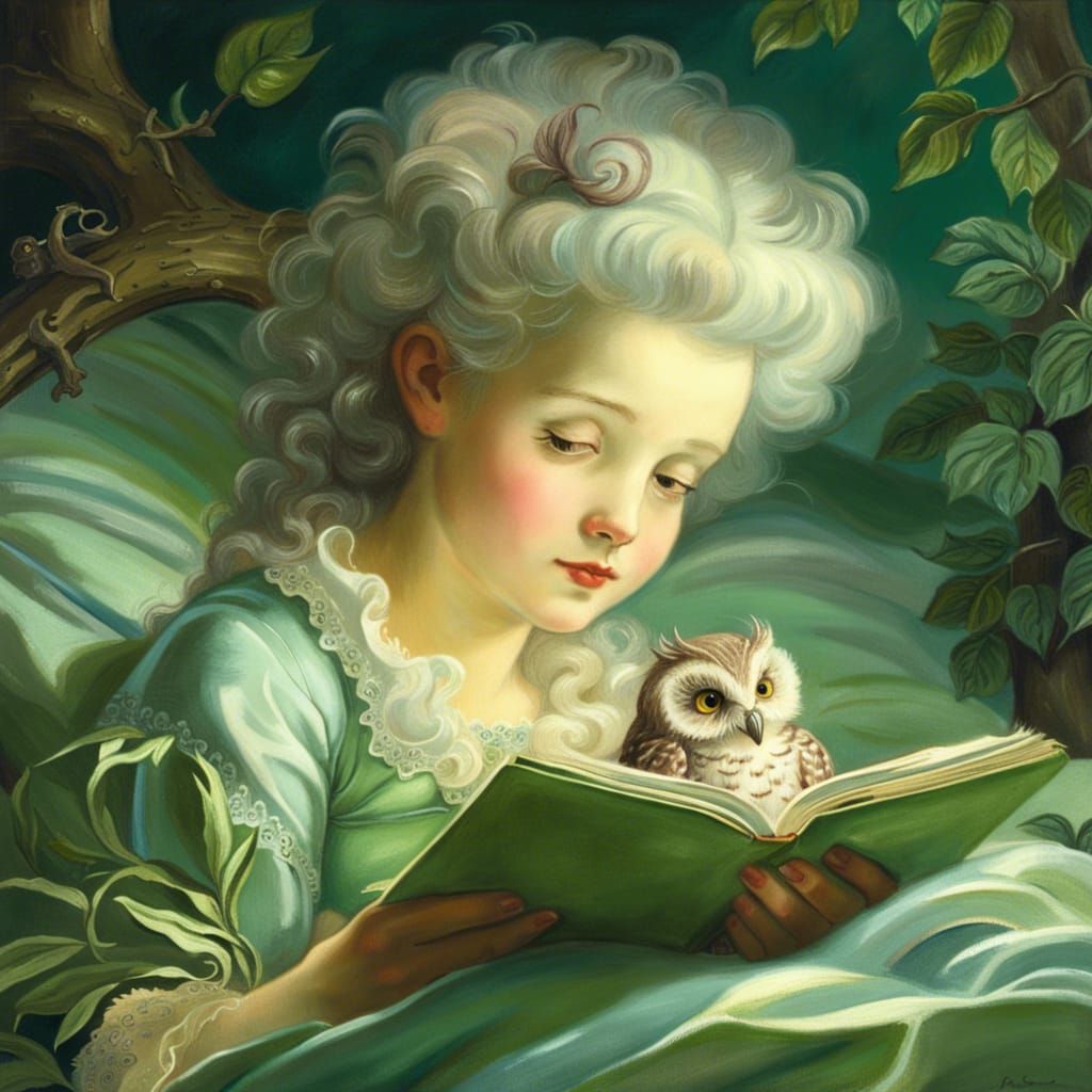 Little Girl Reading in Bed, Rococo Pastel Art