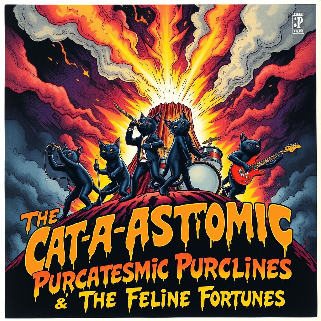 Cataclysmic Felines Album Cover in 70s Rock Style