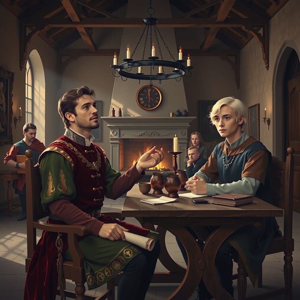 Medieval Camaraderie: Knights Appreciate Art in Castle