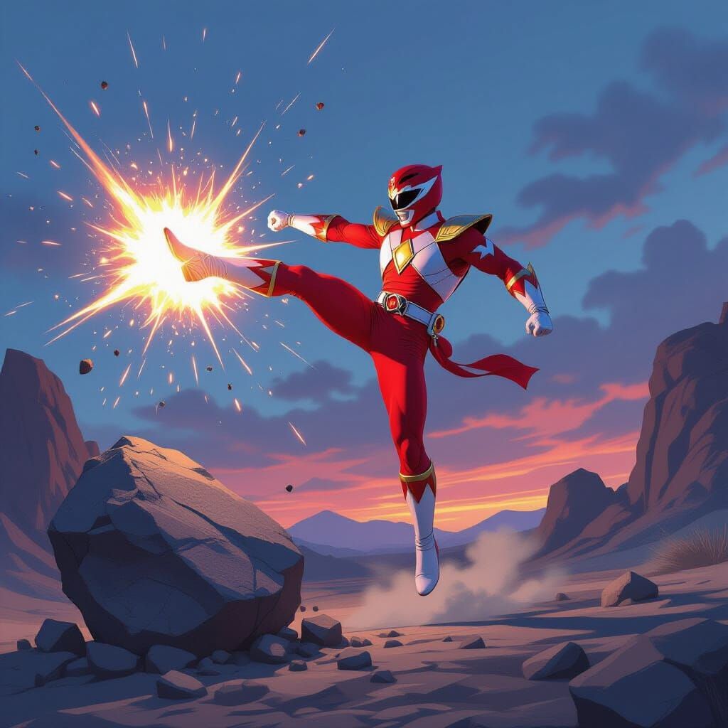 Red Ranger Aura Kick Smashes Boulder Realistic