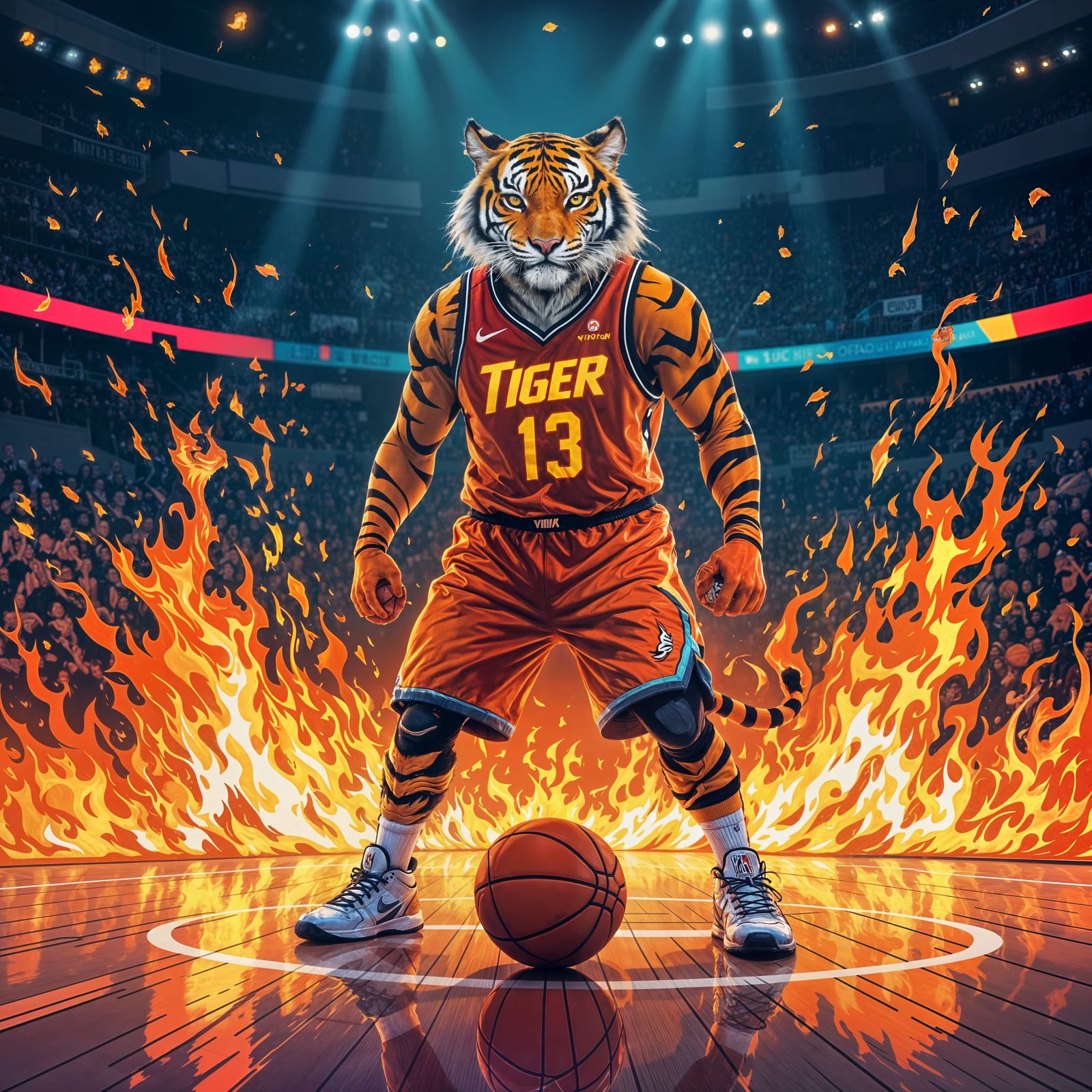 Fiery NBA Tiger on Basketball Court in Comic Style