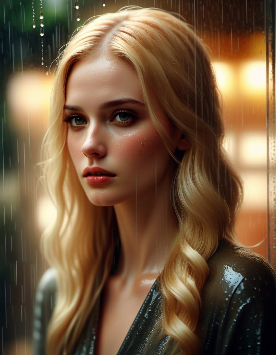 Young Woman in Intimate Rainy Window Moment