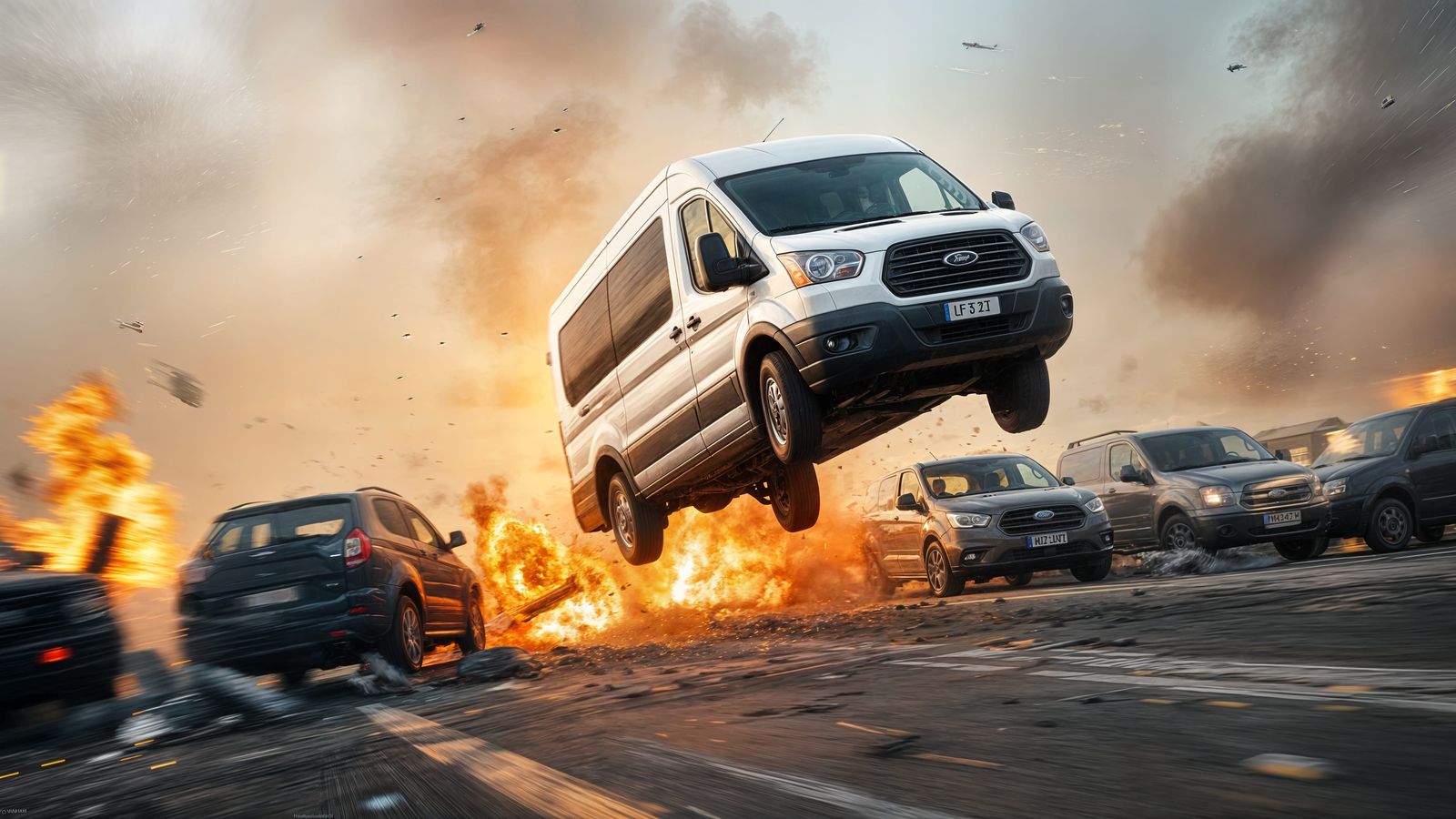 Ford Transit Leaps Over Explosive Chaos in Photorealistic Ac...